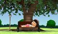 A Mii napping on the park bench.