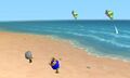 Two Miis flying kites at the beach.