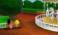 Two Miis chatting on a bench at the amusement park.