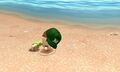 A Mii digging in the sand at the beach.