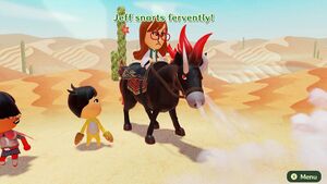 A Mii is riding a horse as fog comes out its nose. A caption reads "Jeff snorts fervently!"
