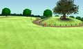 A wide view of the park, with two Miis walking alongside the path.